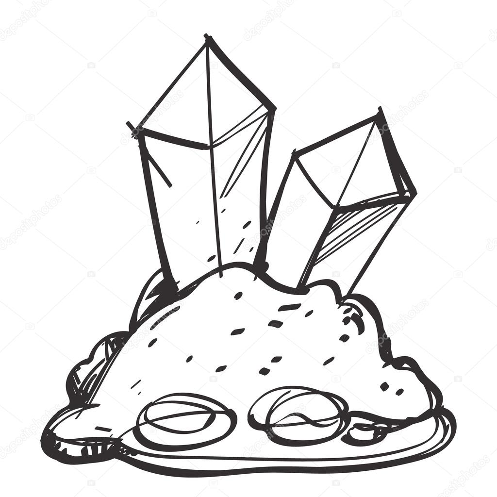 1024x1024 Two Crystal Gemstones In The Rock Outline Drawing. Stock Vector