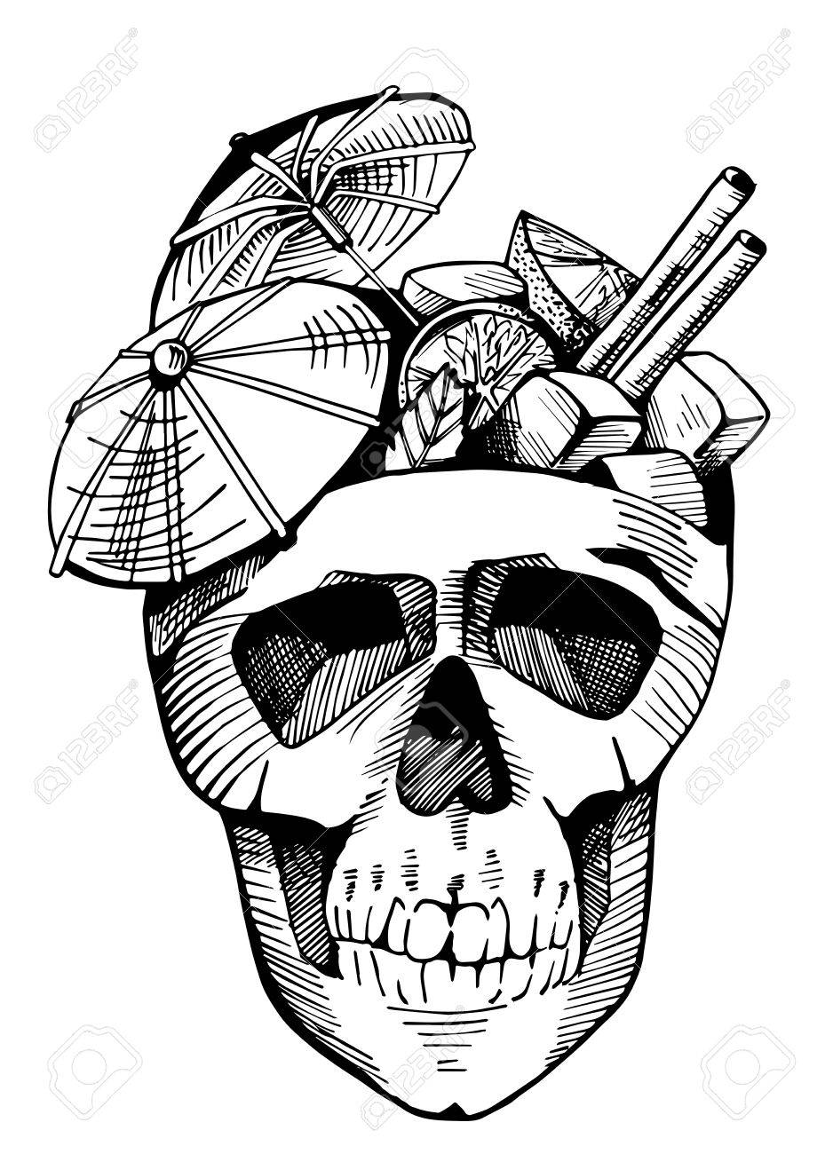 938x1300 Cuba Libre With Paper Umbrellas In A Skull. Cocktail Party Emblem