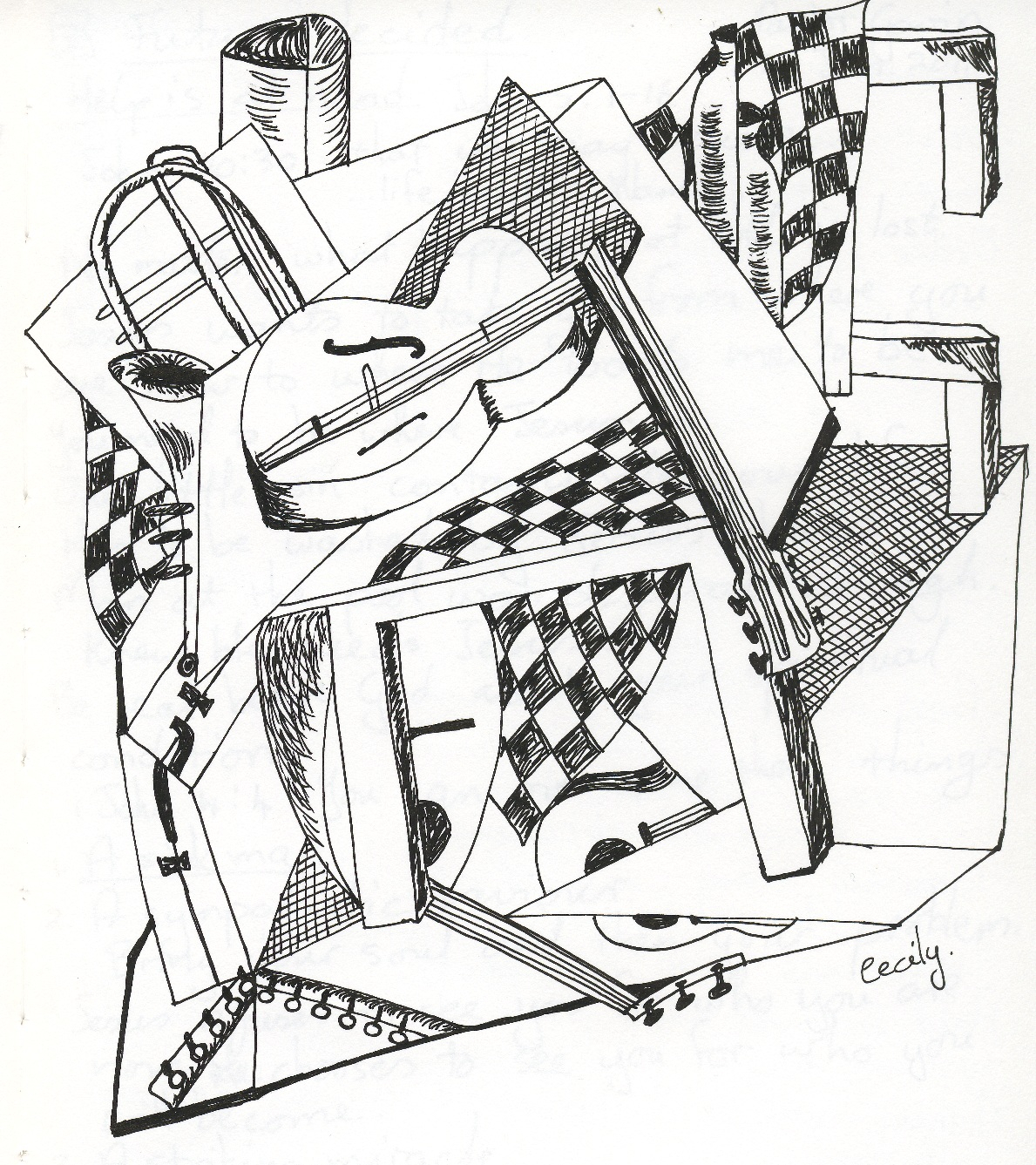 1189x1337 Pencil Sketch In Musical Instruments A Second Try At Cubism