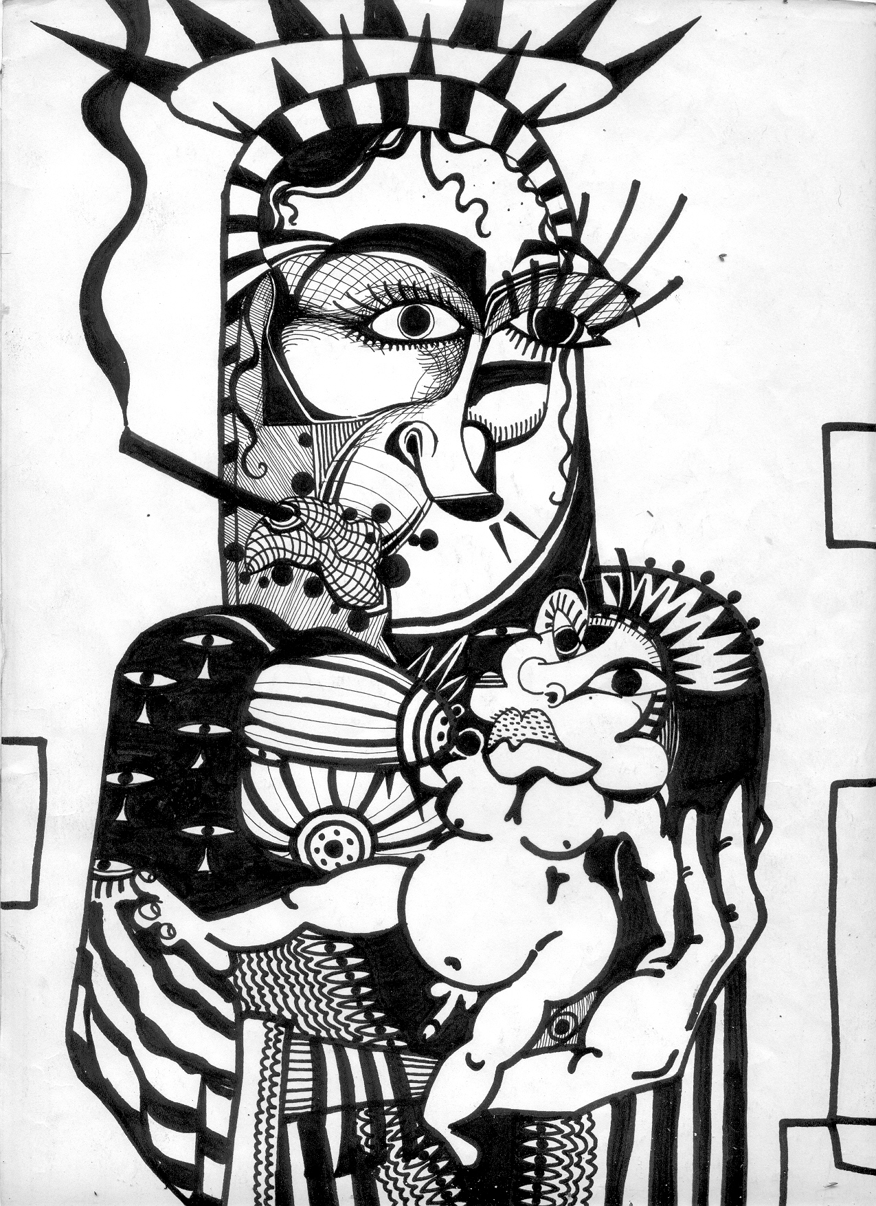 1275x1754 Madonna And Child, Black And White Illustration, Cubist Pop Art