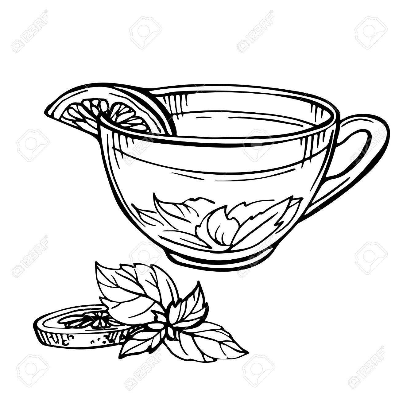 1300x1300 Hand Drawn Sketch Of Tea. Cup Of Tea With Mint And Lime, Lemon