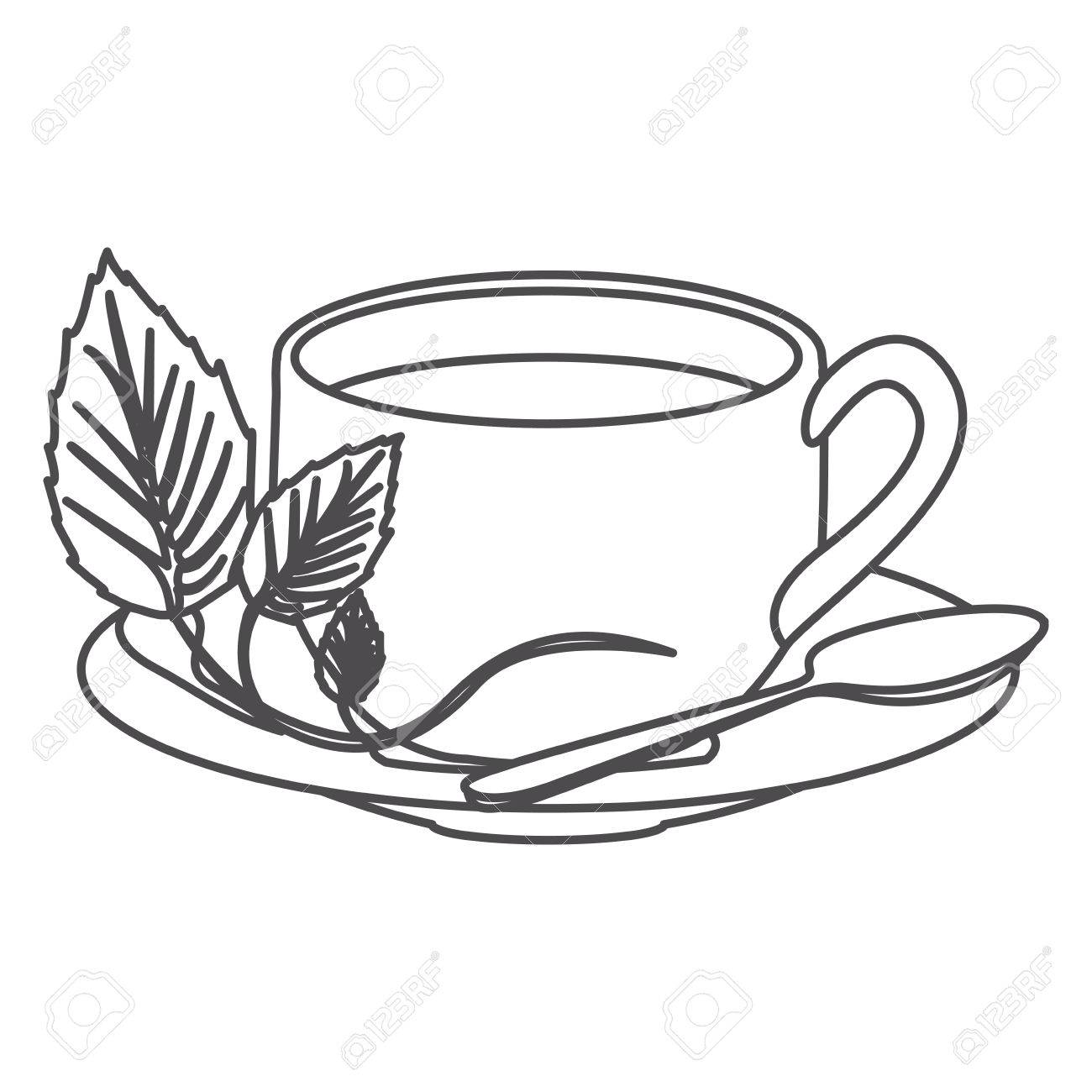 1300x1300 Grayscale Contour Of Hot Cup Of Tea Vector Illustration Royalty