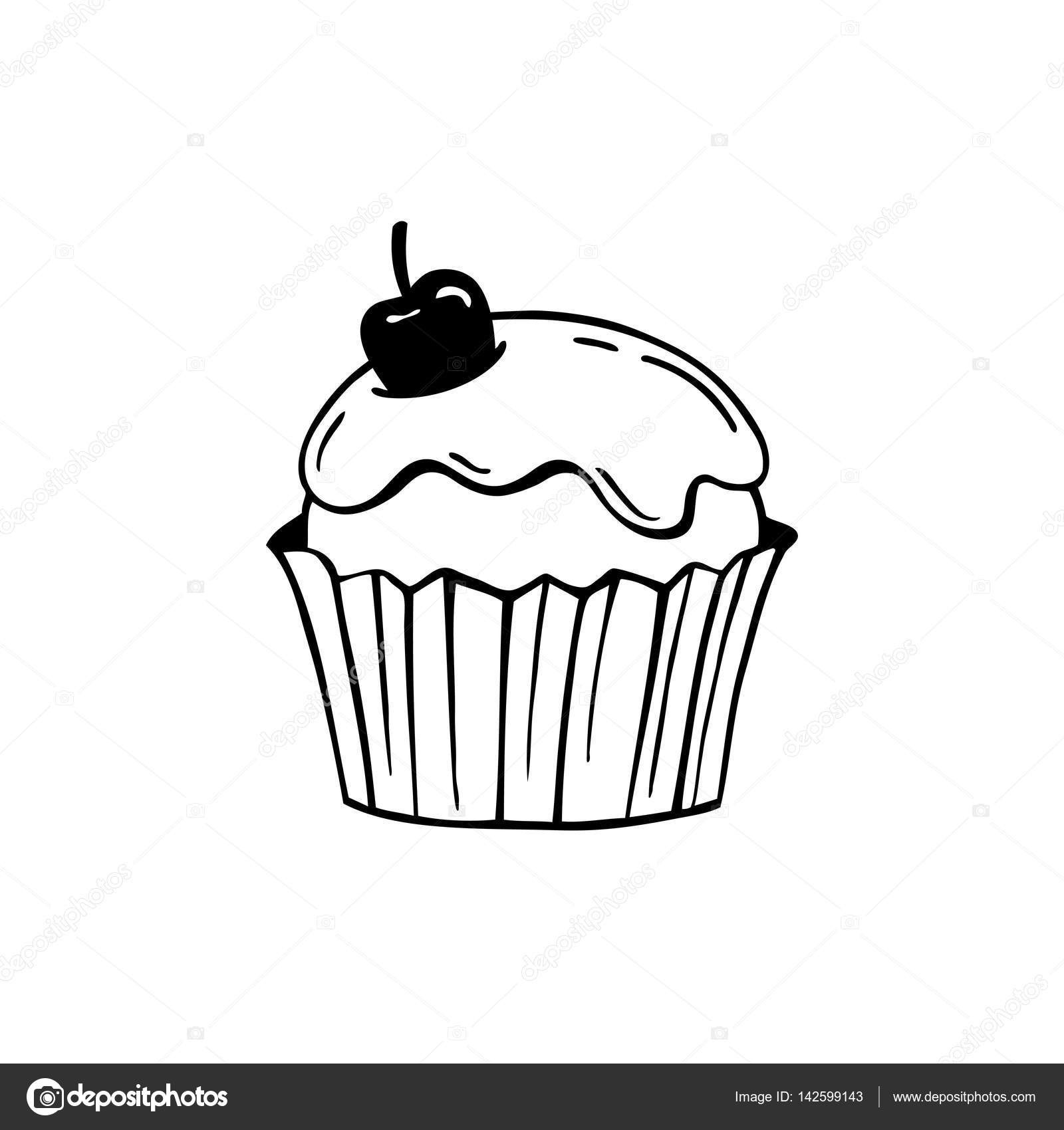 1600x1700 Cupcake With Frosting And Cherry. Black And White Vector
