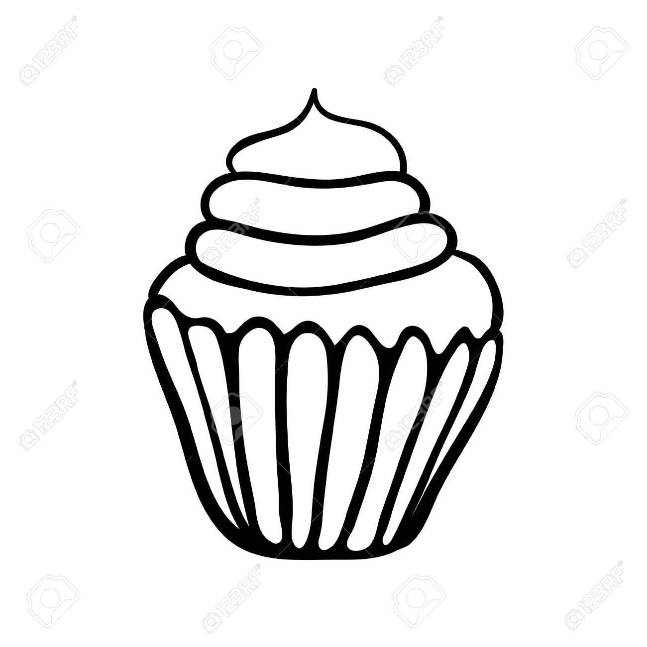 1300x1300 Hand Drawn Cupcake Sketch. Black Outline On White Background