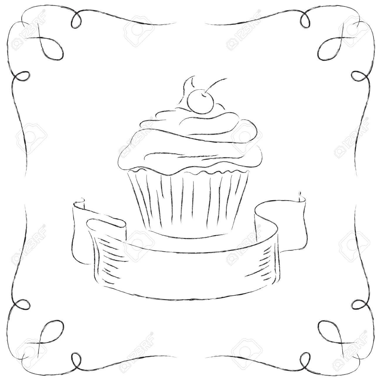 1300x1300 Black And White Drawing Of A Cupcake. Royalty Free Cliparts