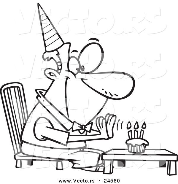 600x620 Vector Of A Cartoon Birthday Man Seated Before His Cupcake