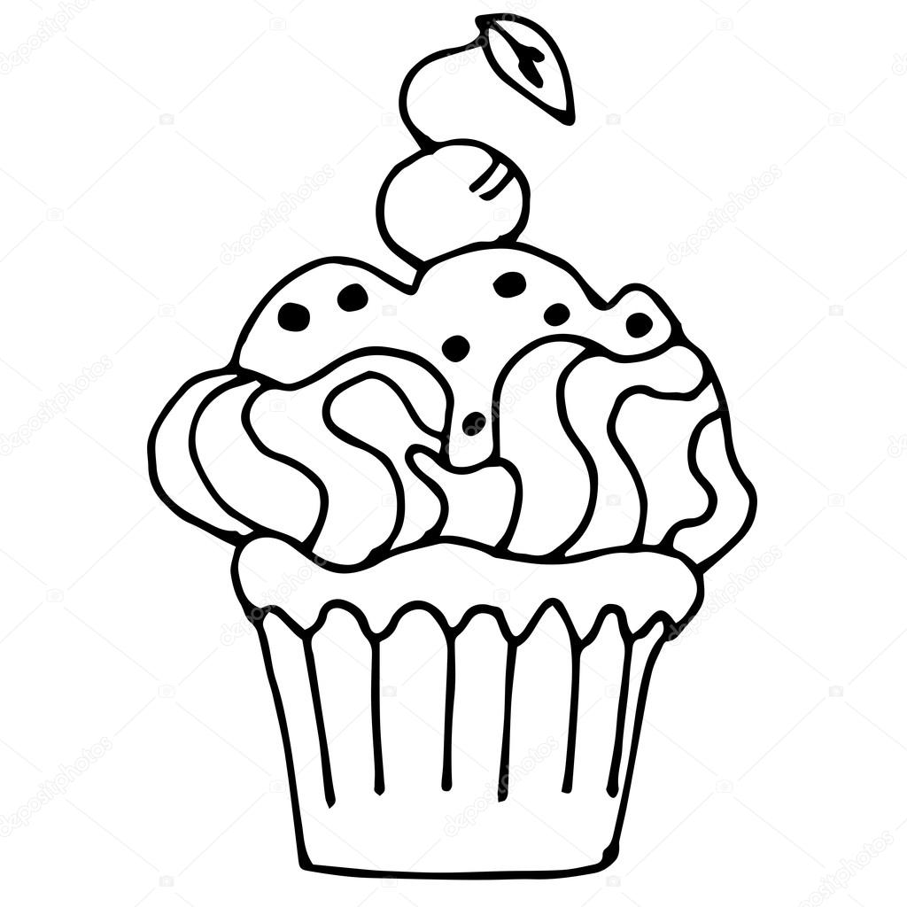 1024x1024 Cake With Cherrie, Cupcake Drawn In Outline Isolated On White Ba
