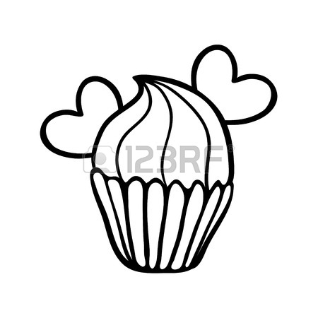 450x450 Hand Drawn Cupcake Sketch. Black Outline On White Background