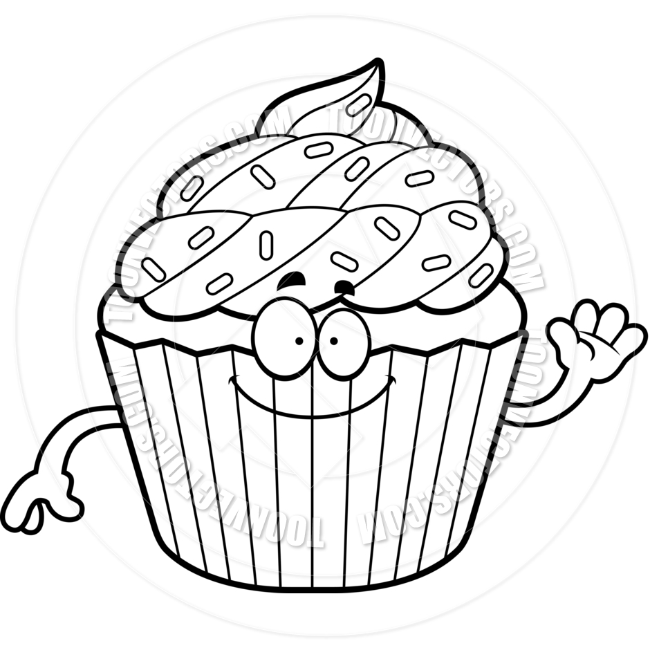 940x940 Cartoon Cupcake Waving (Black And White Line Art) By Cory Thoman
