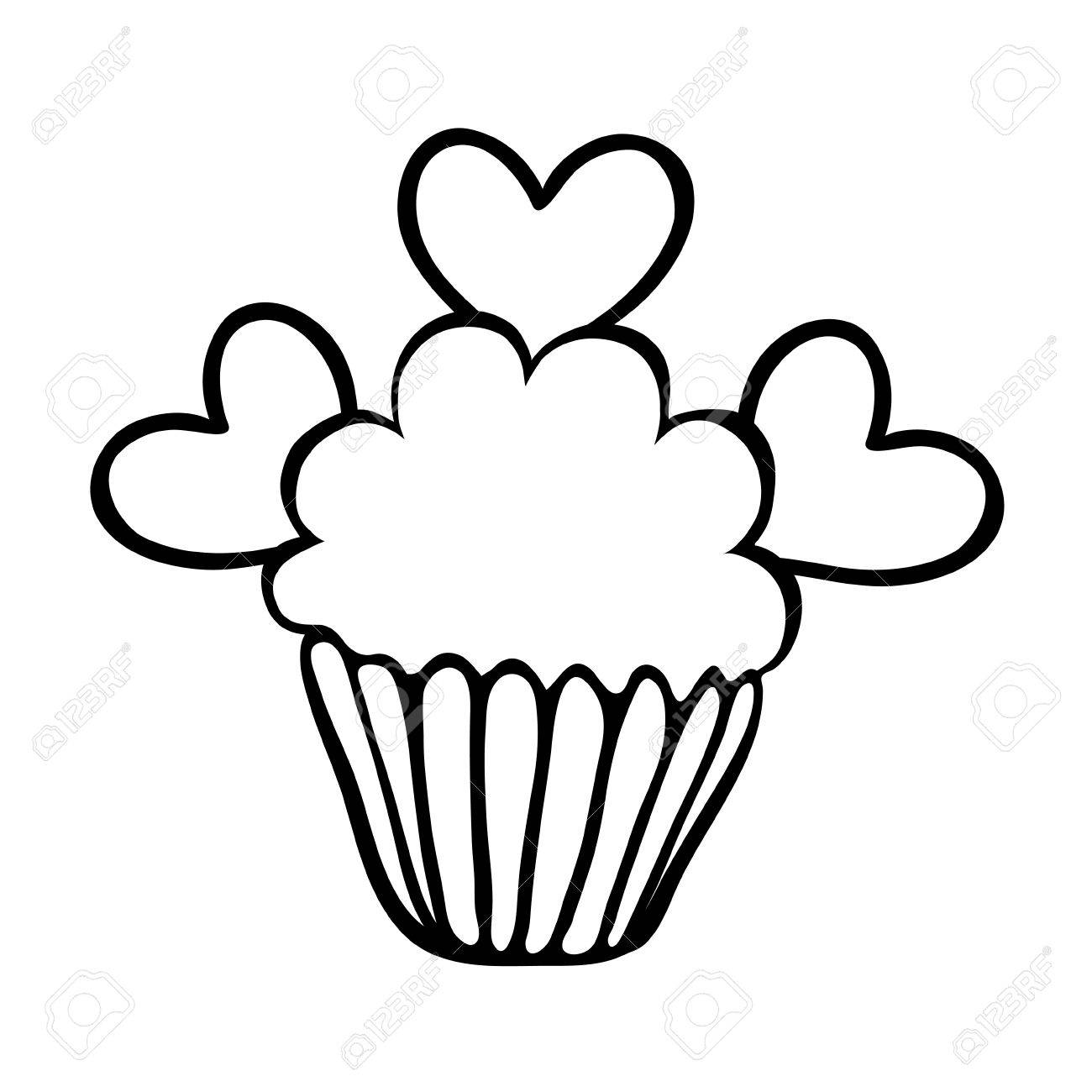 1300x1300 Valentine Cupcake Decorated With Three Hearts. Hand Drawn Sketch