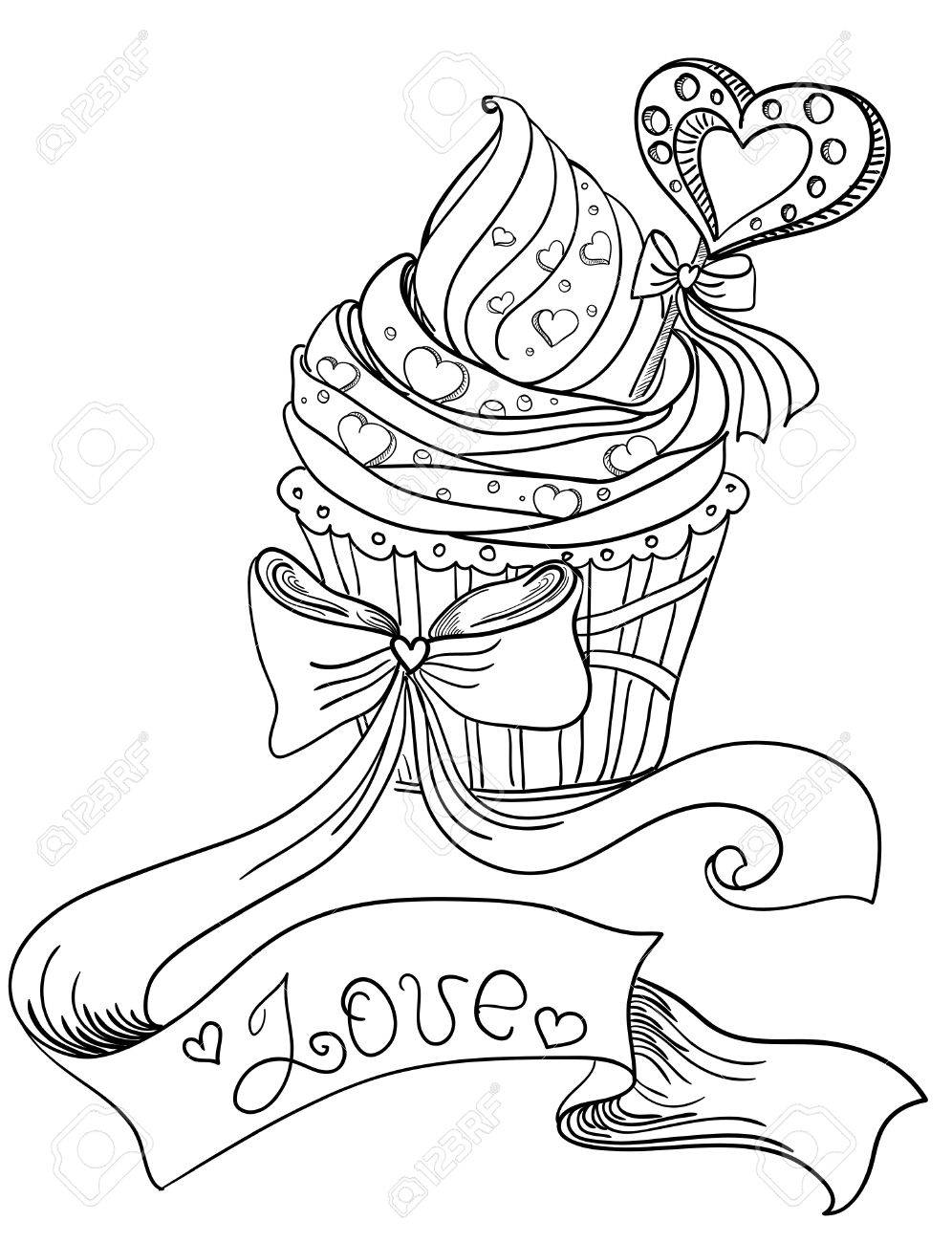 996x1300 Vector Hand Drawing Cupcake With Hearts And Ribbon Royalty Free