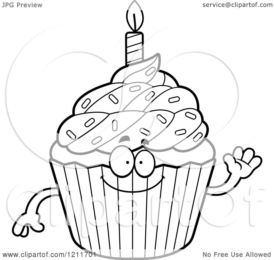 1080x1024 Cartoon Of A Black And White Waving Birthday Cupcake Mascot