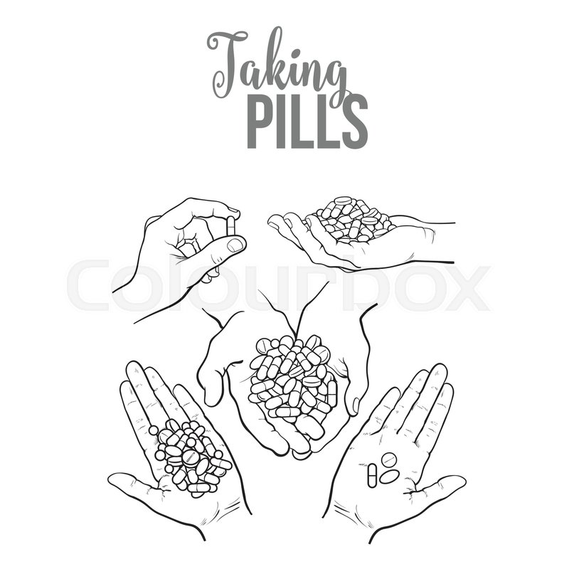 800x800 Set Of Hands Holding Pills, Tablets, Black And White Sketch Style
