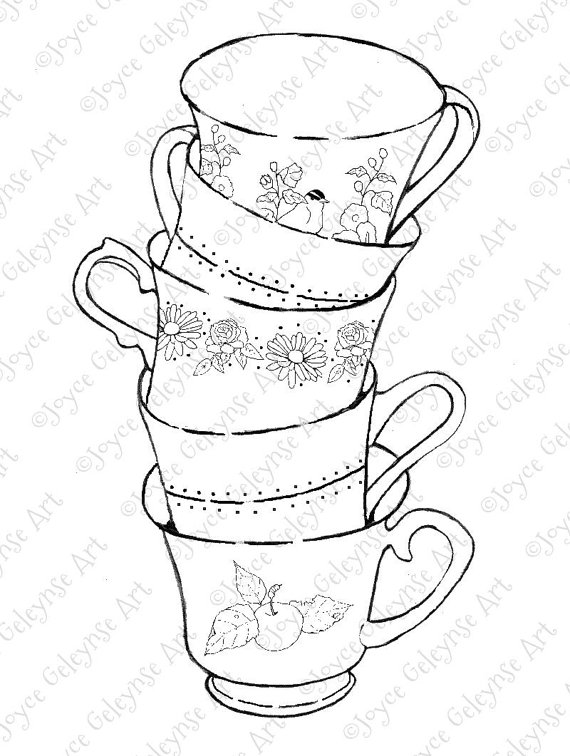 570x756 Digital Stamp Coloring Page Stack Of Teacups With Flowers