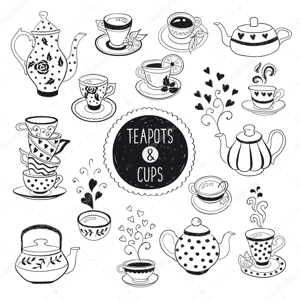 1024x1024 Doodle Teapots And Cups Stock Vector Ollymolly