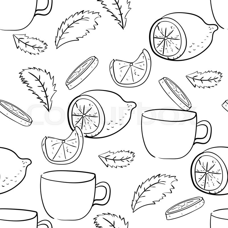 800x800 Seamless Pattern Of Mint Leaves, Lemons And Cups, Hand Draw Style