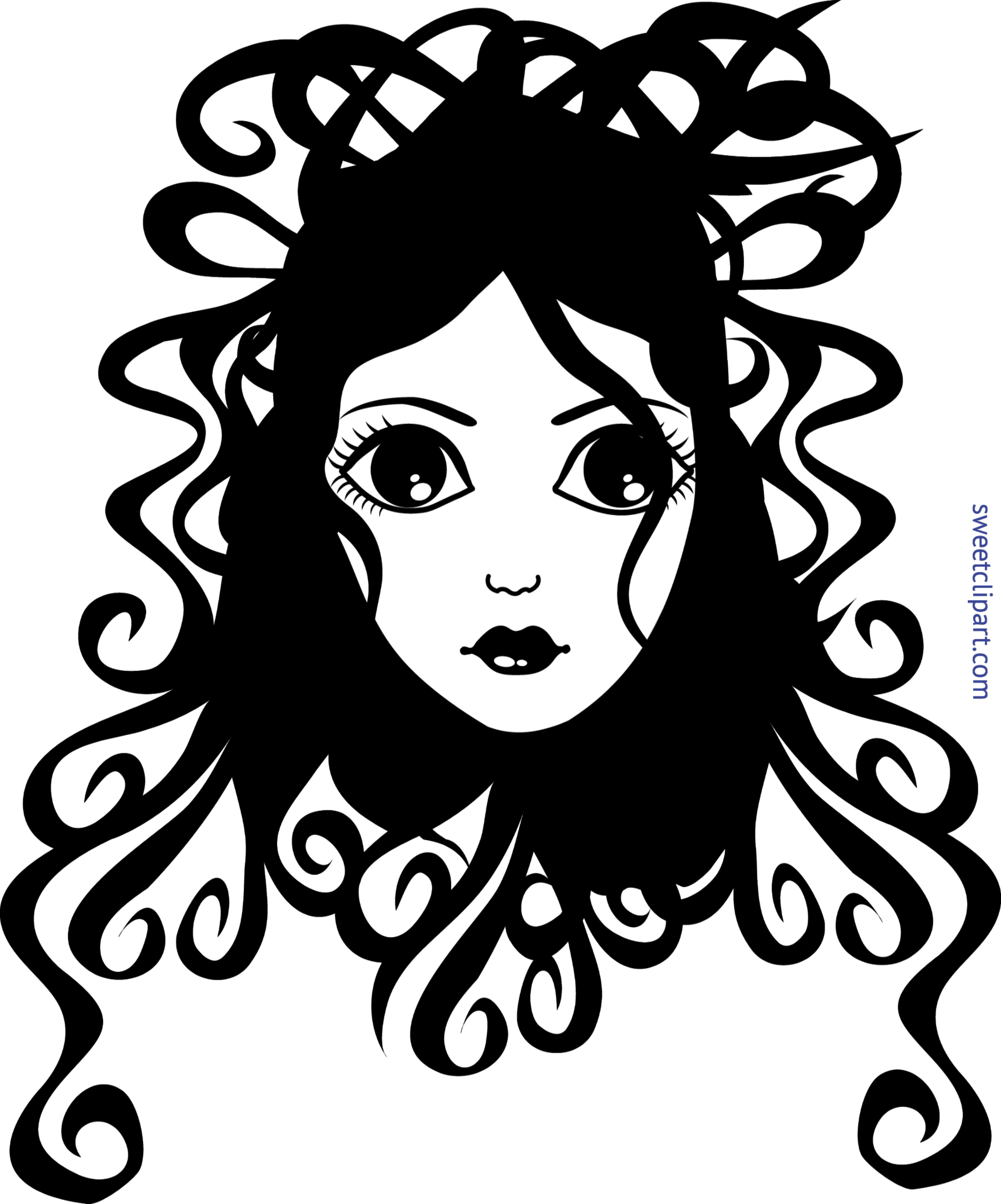 3750x4512 Girl Curly Hair Black White Clip Art