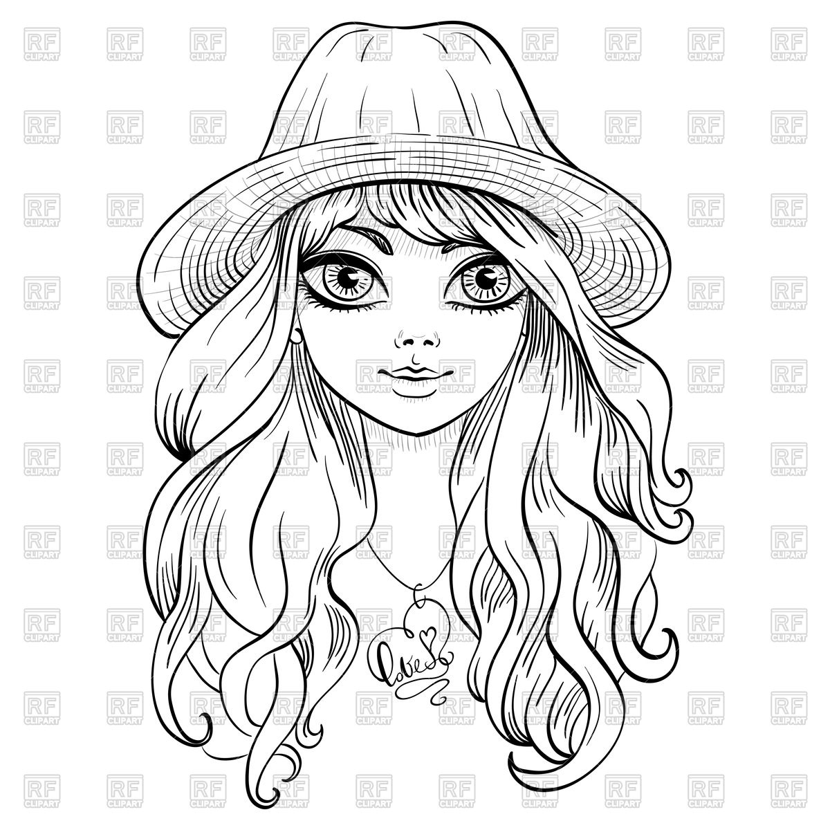 1200x1200 Beautiful Girl In Hat With Long Curly Hair Royalty Free Vector