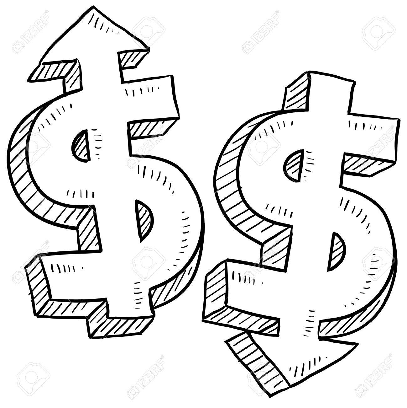 1299x1300 Doodle Style Rising And Falling Dollar Sketch In Vector Format