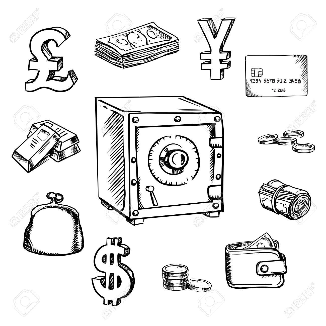1300x1300 Money, Currency And Finance Sketch Icons With Safe Royalty Free