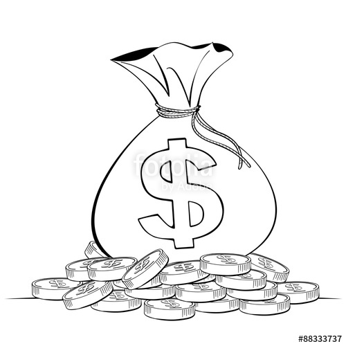 500x500 Money Bag On Coin Stack Line Drawing, Business Concept