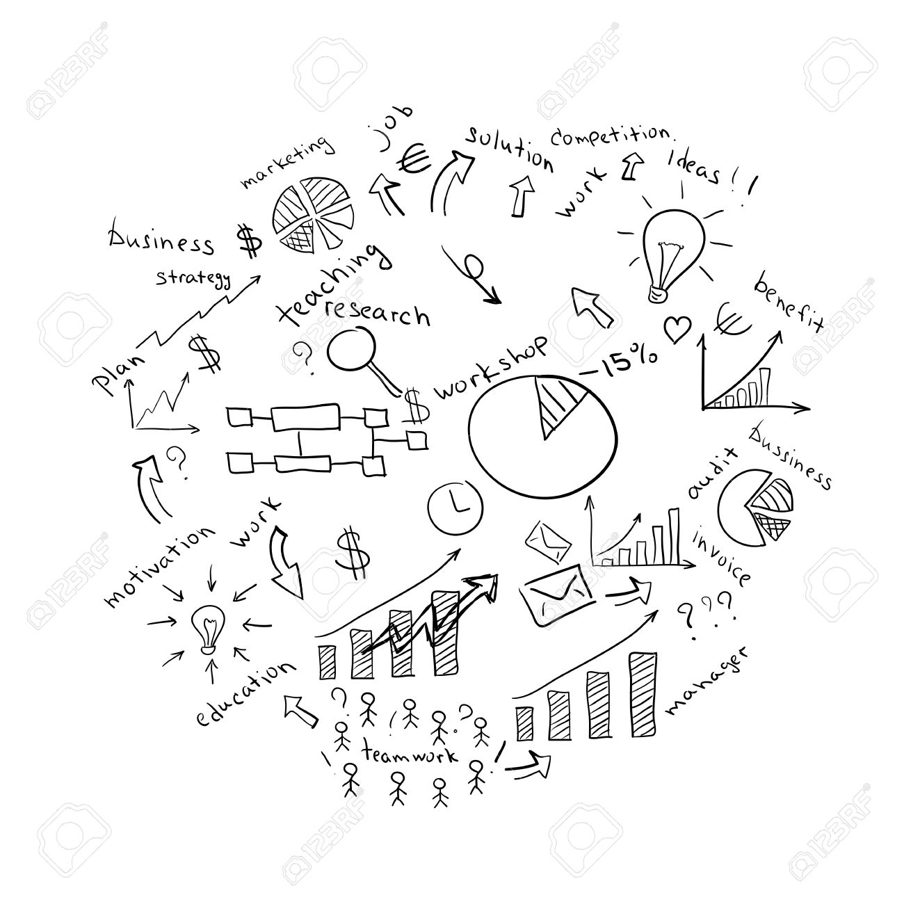 1300x1300 Business Sketches Charts, Flowcharts, Currency, Bulbs, Envelopes