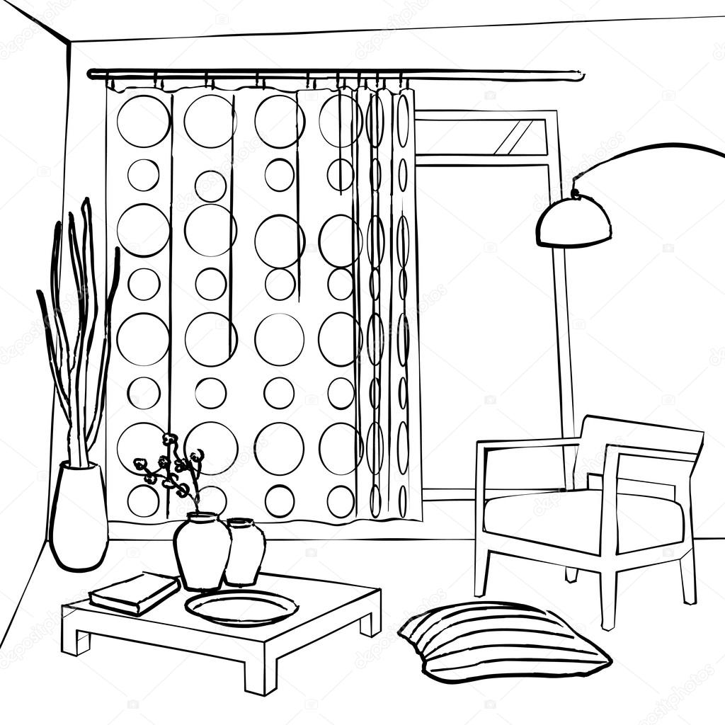 1024x1024 The Dining Room Curtains, Simple Interior Sketch Stock Vector