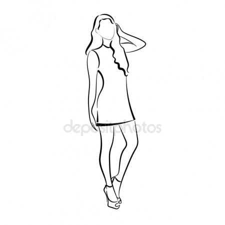 450x450 Outline Drawing Thin, Curved Lines, Girl, Young Woman. Stock