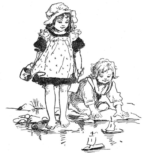 483x500 Retro Vintage Little Boy Girl Beach Play Sail Boat Cushion Cover