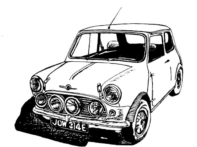 667x498 Classic Mini Cooper Sports Car Car Drawing Wall Decor