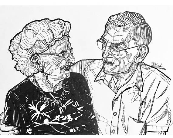 570x456 Custom Pen Line Drawing In Black And White. Two Elderly Couple By
