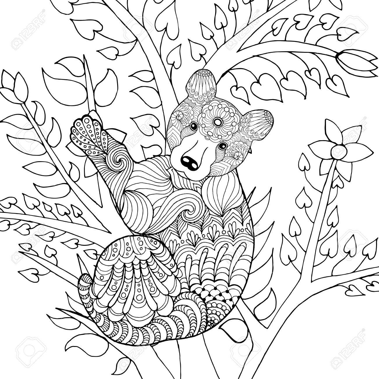 1300x1300 Cute Baby Bear On Tree. Black White Hand Drawn Doodle Animal