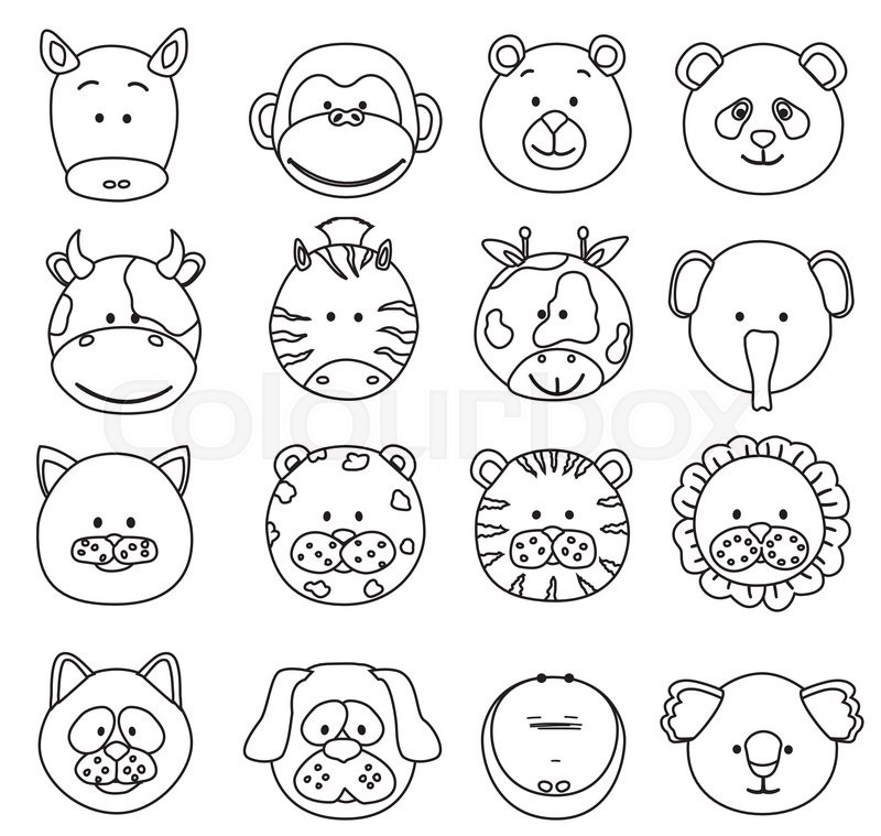 800x759 Set Cartoon Animals Faces Thin Line Icons. Vector Collection