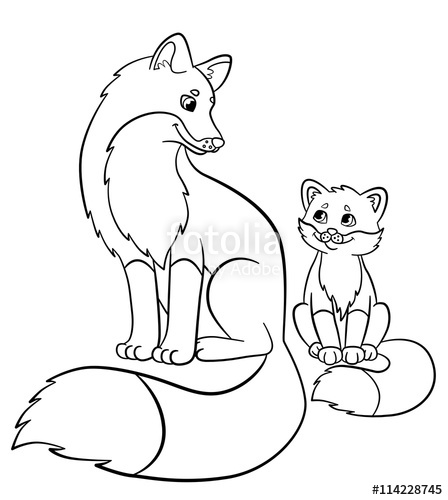 448x500 Coloring Pages. Wild Animals. Mother Fox With Her Little Cute Baby