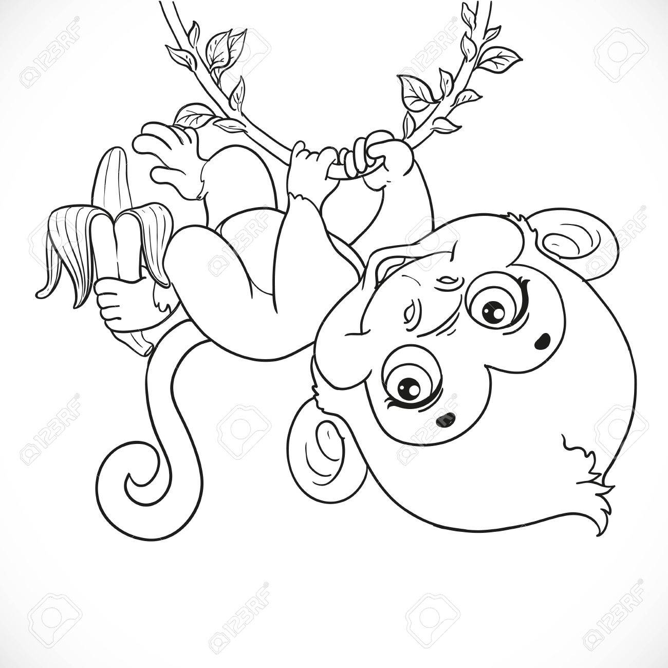1300x1300 Cute Baby Monkey With Banana Hanging On The Vine Outlined Isolated