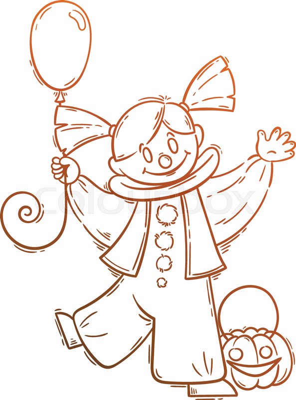 593x800 Cute Girl In Costume Of Scary Clown With Balloon. Vector