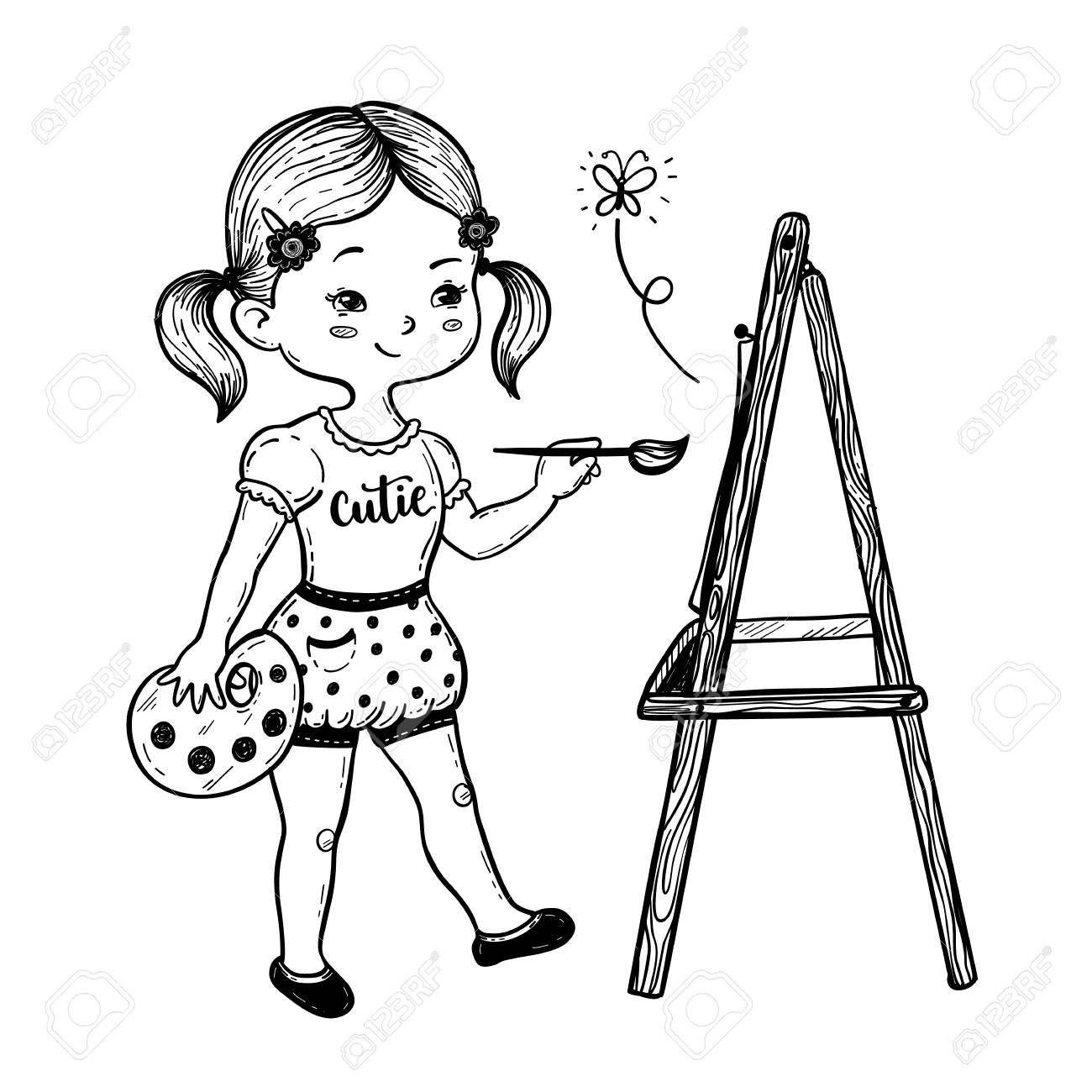 1300x1300 Vector Illustration Of A Cute Little Girl Drawing Behind An Easel