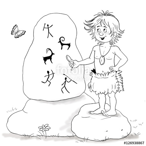 500x500 Cave People. Cute Boy Is Drawing Different Hunting Scenes On