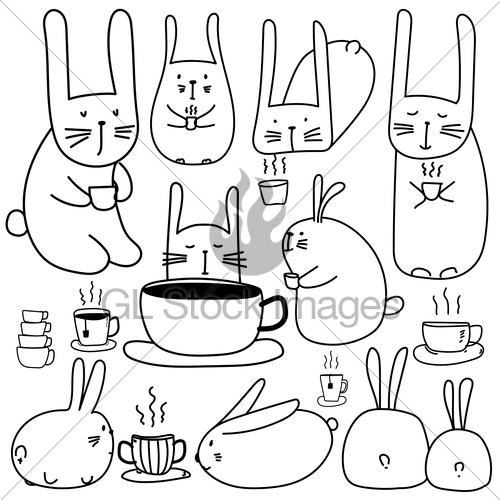 500x500 Hand Drawn Cute Bunny Characters With Coffee Set. Doodle Gl
