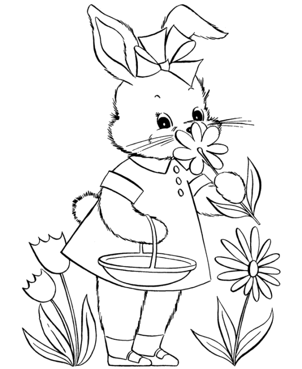 600x734 Cute Bunny Picking Flower Coloring Page