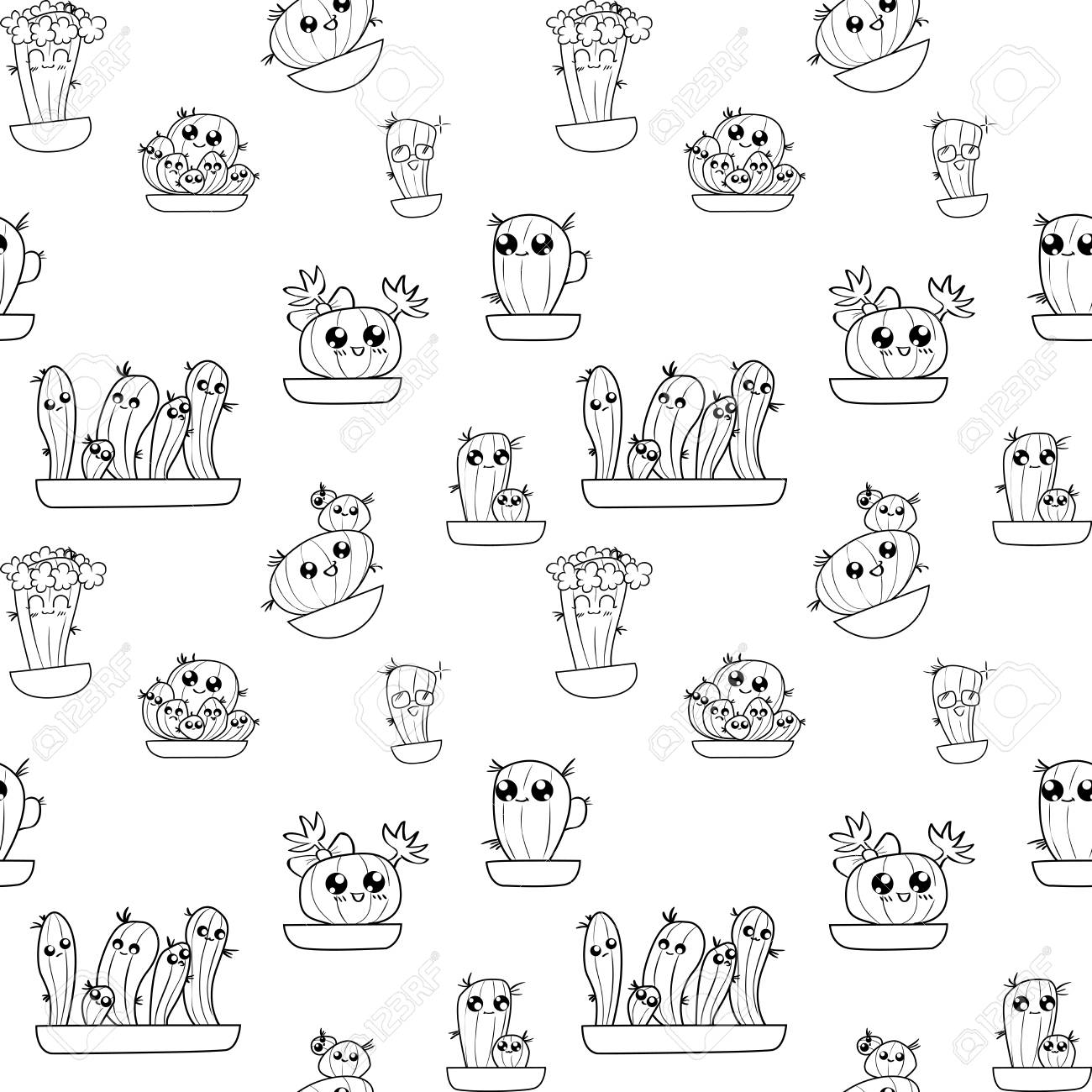 1300x1300 Pattern Of Cute Cartoon Hand Draw Cactus In Different Pots Royalty