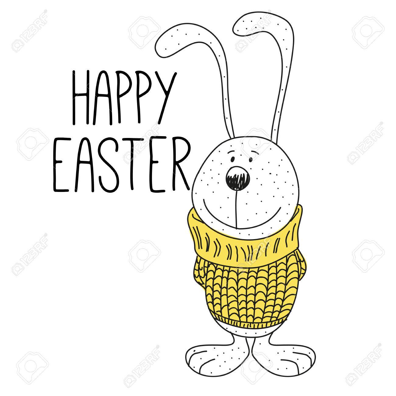 1300x1300 Greeting Easter Card With Cute Cartoon Drawing Bunny In Sweater
