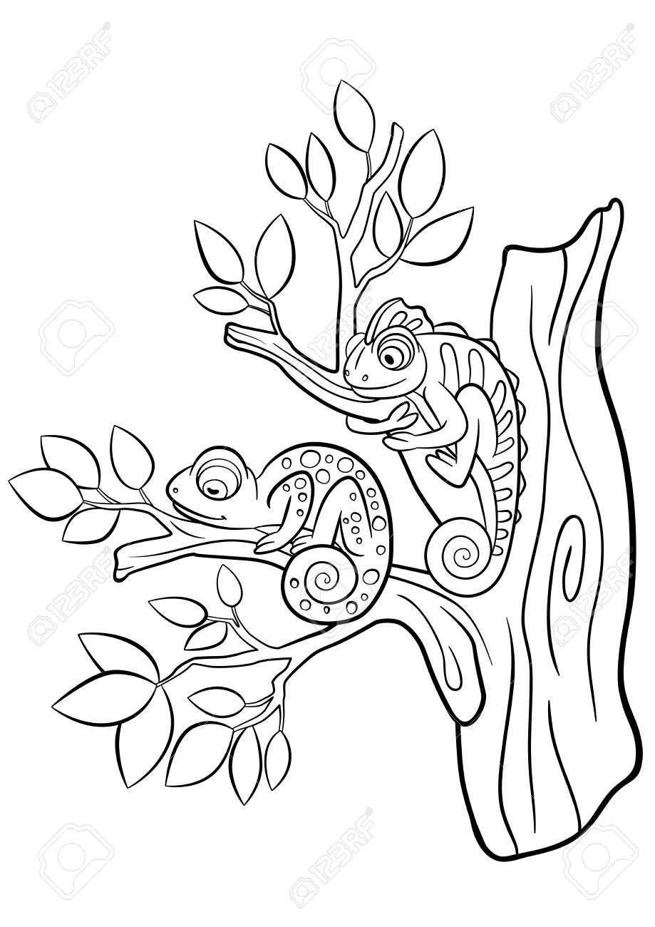 919x1300 Coloring Pages. Wild Animals. Two Little Cute Chameleon Sits