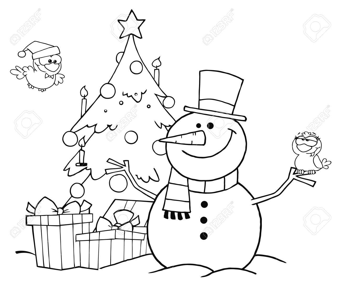 1300x1085 Outlined Friendly Snowman With A Cute Birds And Christmas Tree