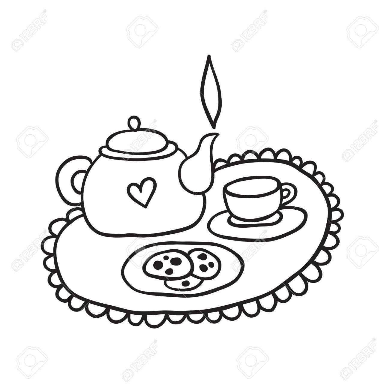 1300x1300 Cute Tea Set Outline Illustration Royalty Free Cliparts, Vectors