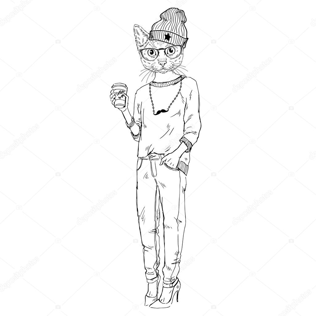 1024x1024 Cute Cat Girl Hipster With Coffee Stock Vector Olga.angelloz