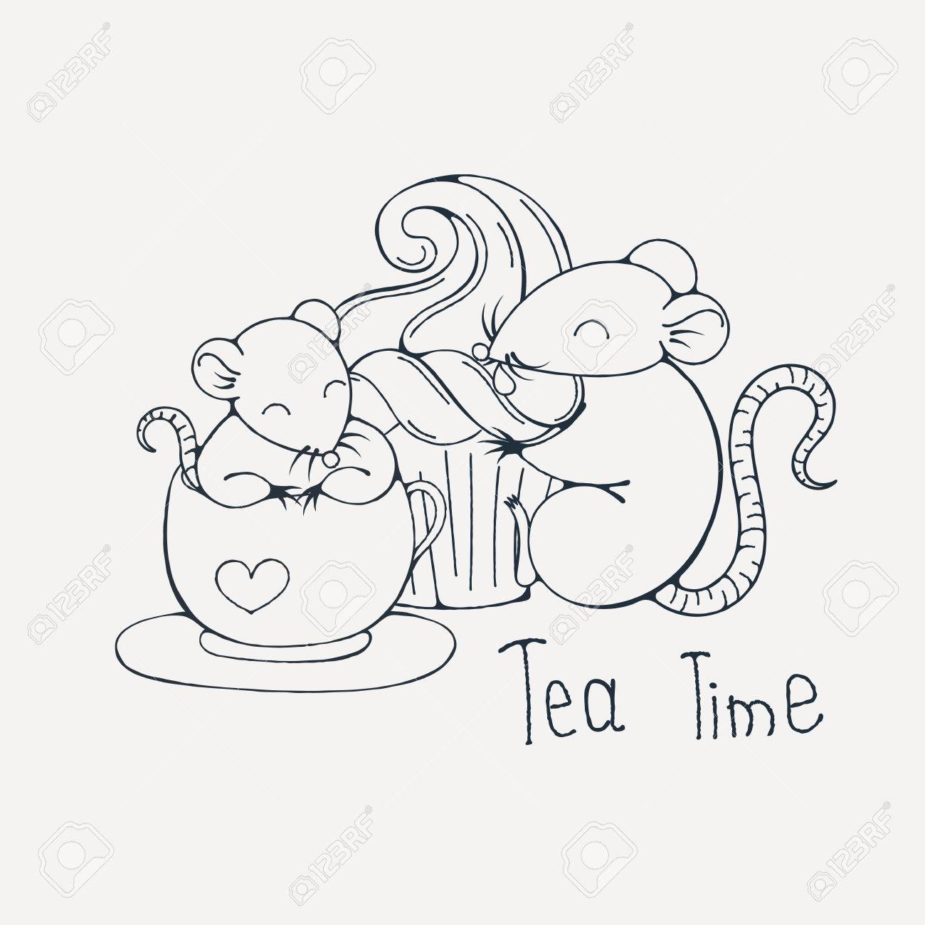 1300x1300 Illustration With Cute Rat In A Cup Of Tea Or Coffee With Cupcakes