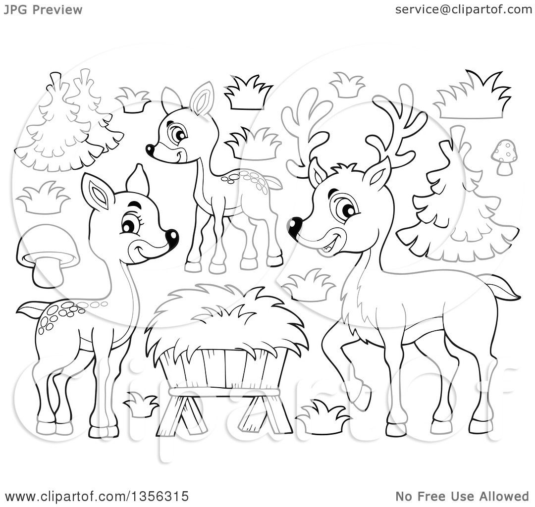 1080x1024 Clipart Of A Cartoon Black White Cute Deer Family, Trees