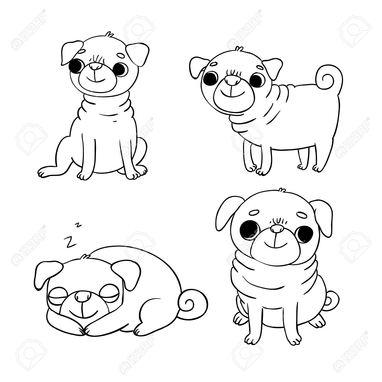 1300x1300 Cute Pugs. Dogs. Hand Drawing Isolated Objects On White Background