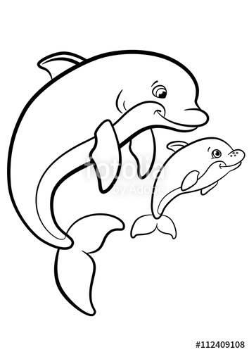 354x500 Coloring Pages. Marine Wild Animals. Mother Dolphin Swims With Her